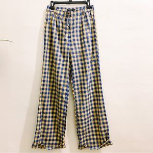Nasty Gal Pants US 8 UK 12 Plaid Wide Flare Leg Yellow Blue Womens